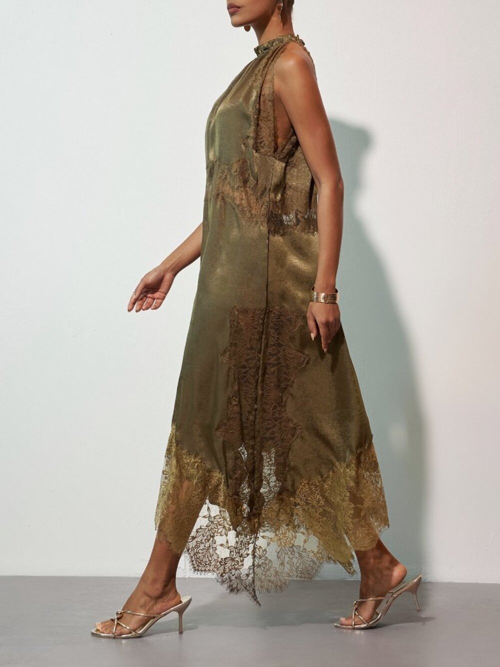 Dark Green Elegant Women's Lace Patchwork Split Hem Dress - Picture 3 of 8